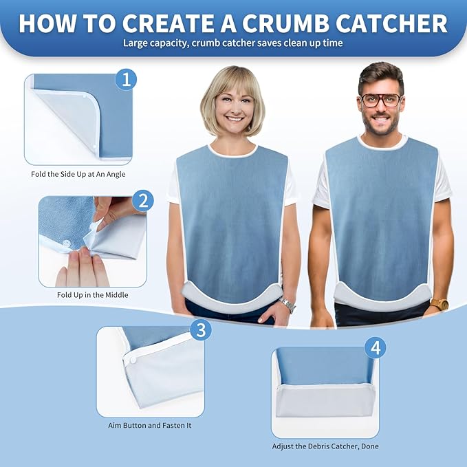 3 Pack Premium Unisex Adult Bibs for Elderly Women Men, Waterproof Bib for Eating, Adjustable and Washable (Blue)