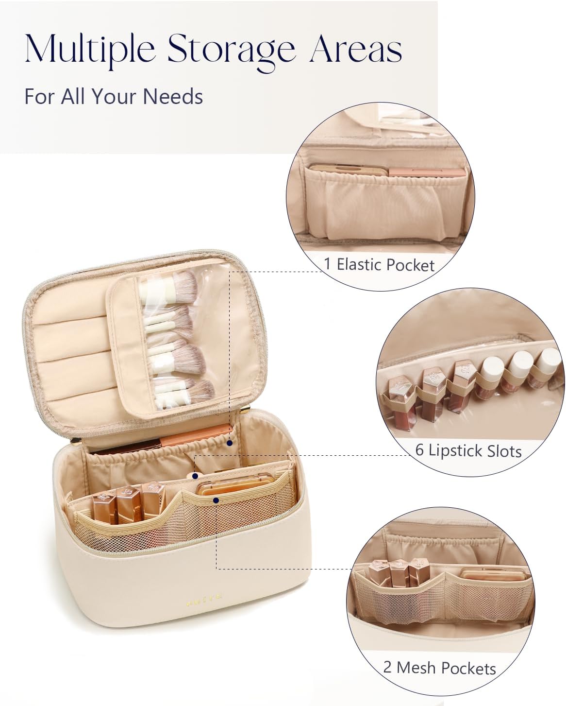 Prite Makeup Bag Portable Cosmetic Organizer with Brush Holder Waterproof Travel Toiletry Bag for Women with Handle and Divider (Beige)