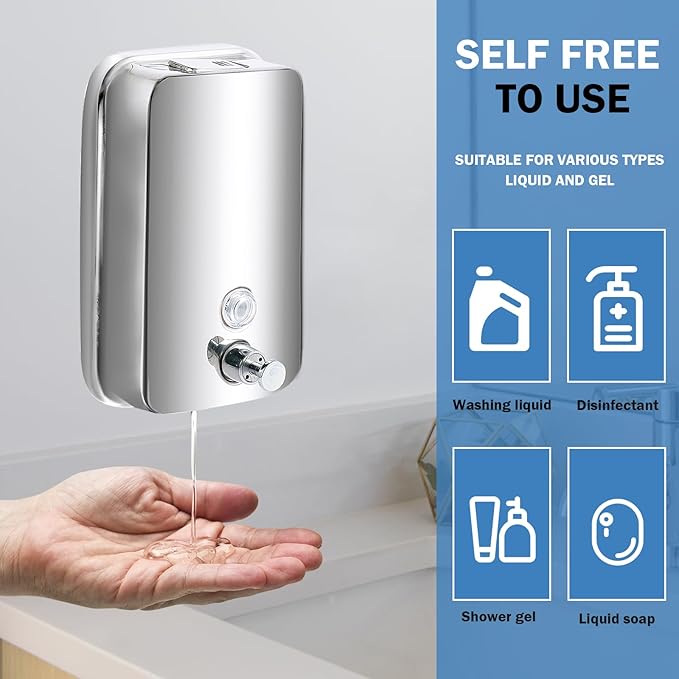 4 Pack 1000ml Commercial Soap Dispenser Wall Mount, Stainless Steel Hand Soap Dispenser for Bathrooms, Refillable Hand Sanitizer Dispenser for Home, Hotels, Restaurants, Hospitals (Silver)
