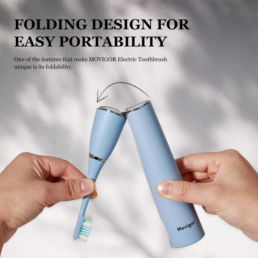 Foldable Electric Toothbrush for Adults – Dual UV Sanitization, 272 Sonic Modes, USB-C Rechargeable, 4 Brush Heads, Leather Travel Case, Portable Blue Toothbrush