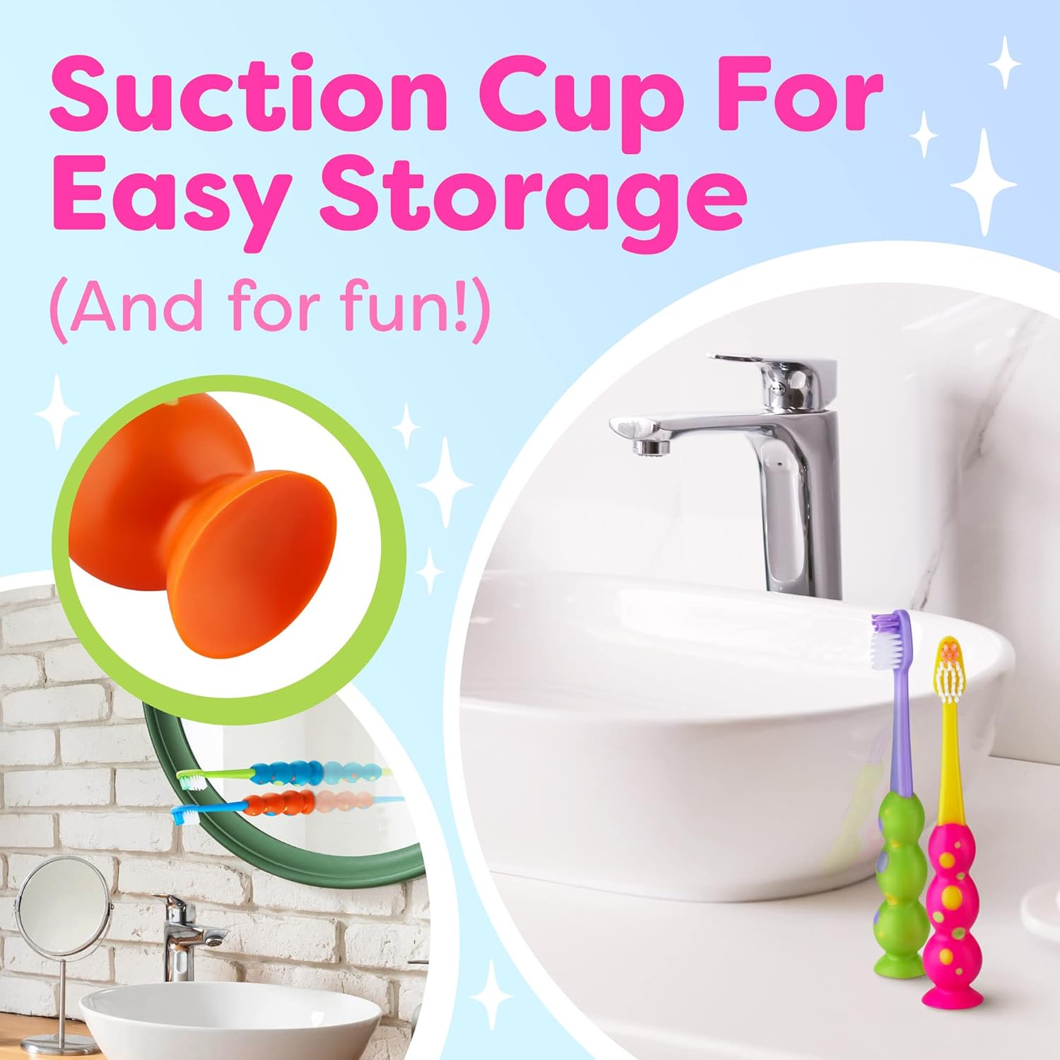 Kids Toothbrush 4 Pack - Soft Bristles with Suction Cup - Toothbrush Kids, Child Sized Brush Heads, 3-10 Year Old Kid Toothbrush with Easy Storage - Toddler, Girl and Boy Set (4-Pack, Multi-Color)