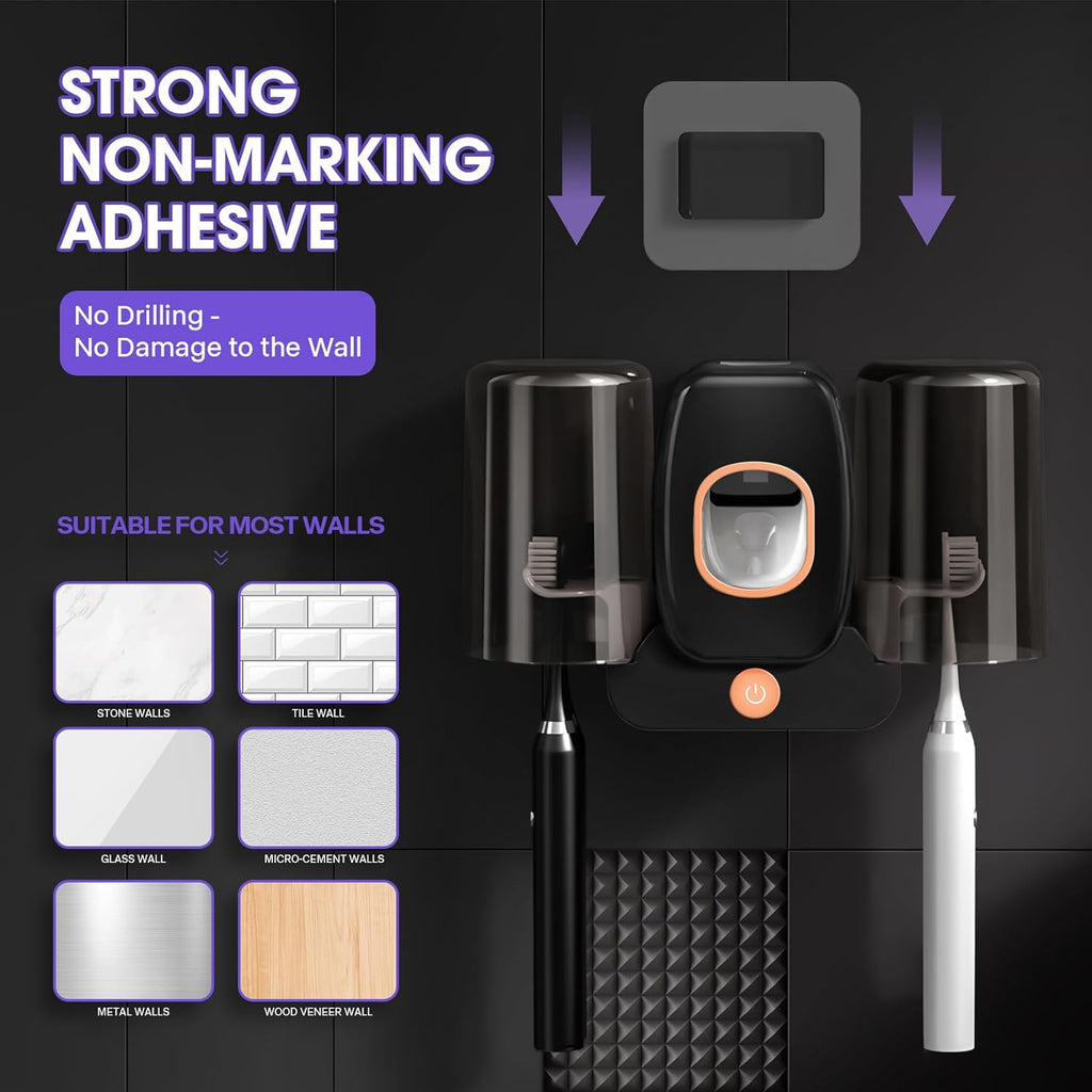 3 in 1 Toothbrush Cleaner Holders,Rechargeable Wall Mounted Toothbrush Holder Toothpaste Dispenser Automatic 2 Cups Tooth Brush Holder for Bathroom, No Drilling, 4 Slots (Black)