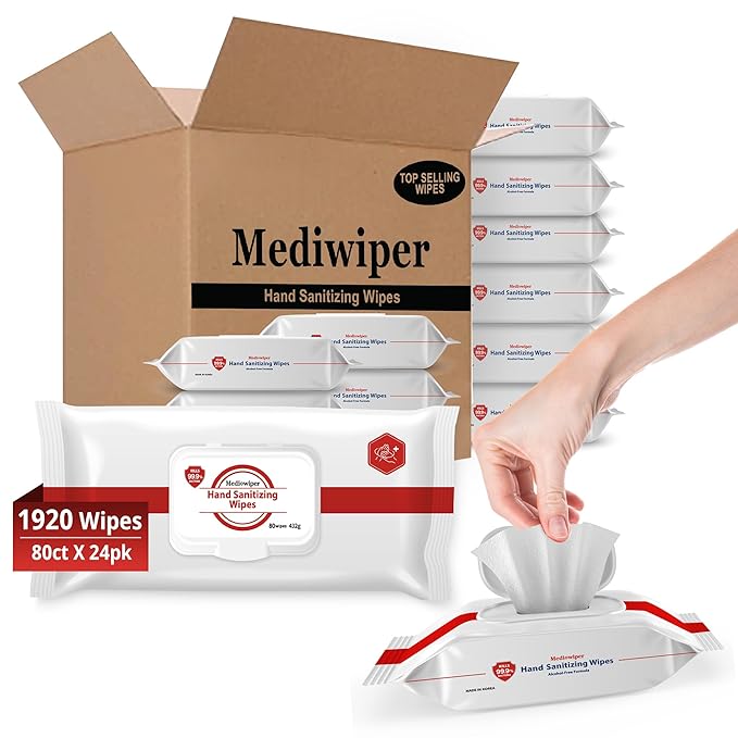 MEDIWIPER 1920 Wipes (80CT*24PK) - Hand Sanitizing Wipes Bulk Pack Alcohol Free Hand Sanitizer for Schools, Classrooms