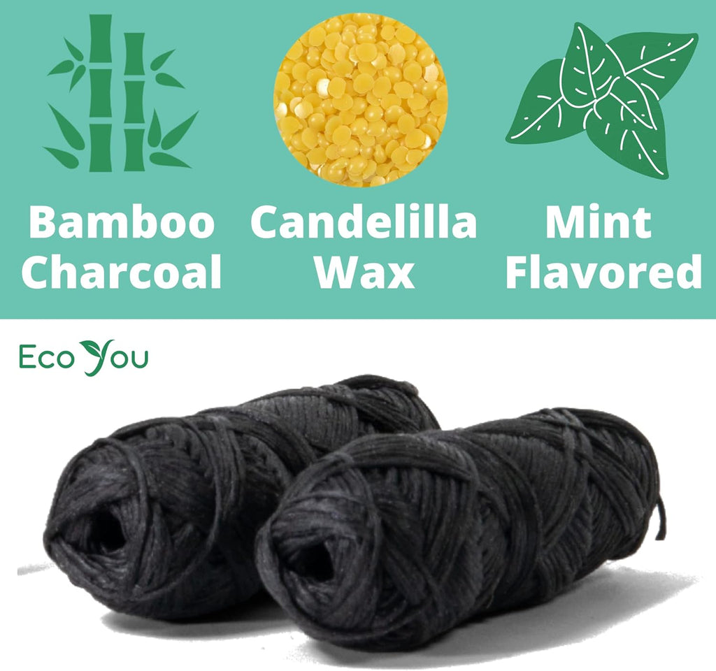 Charcoal Bamboo Floss | 2 Non Toxic Natural Floss Refill with Metal Container | Organic Mint & Candelilla Wax | Vegan & Biodegradable | Compatible w/Similar Dental Floss Silk Refill Containers