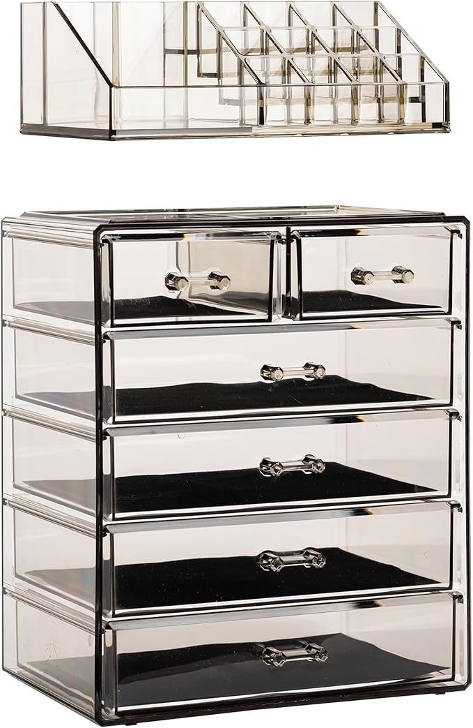 Sorbus Acrylic Makeup Organizer Set, 6-Drawer Vanity & Countertop Cosmetic Storage with Small & Wide Compartments, Black-Tint Makeup Storage for Brushes, Jewelry – Holiday Gift for Women & Teens