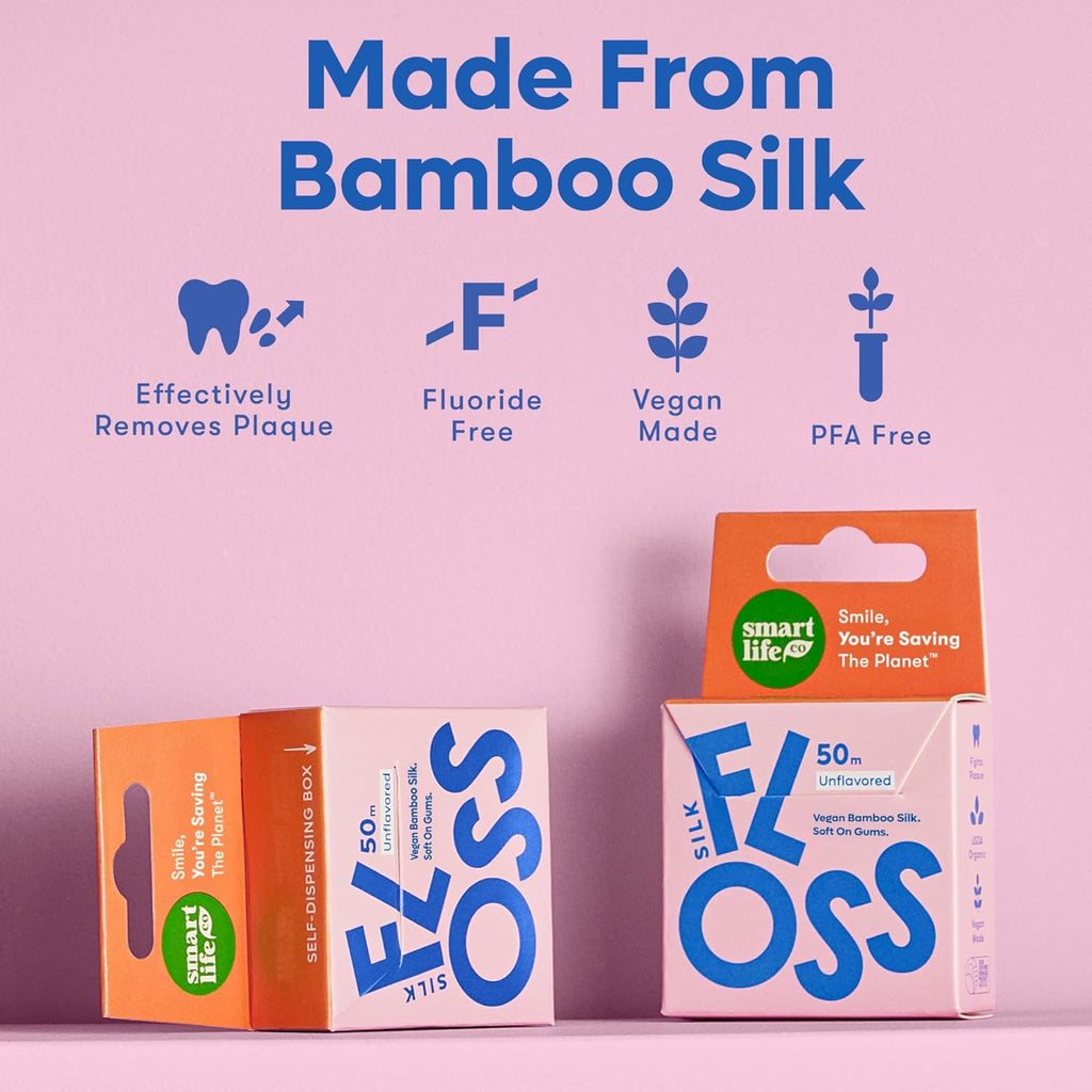 Vegan Bamboo Silk Floss - Pure Plastic Free Woven Dental Floss Thread | Zero Waste Eco-Friendly Oral Care | Natural PFA Free String for Adults & Kids Tight Teeth | Soft Easy Glide - Mint 55yds
