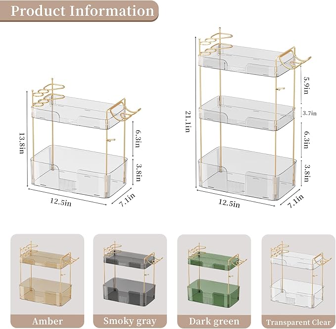 YCIA&DONE Bathroom Counter Organizer, Large Makeup Organizer Countertop, Shelf Storage, Vanity Tray, Easily Assemble for Bathroom Organizers and Storage, Undersink, Cabinet, 3 Tiers Grey