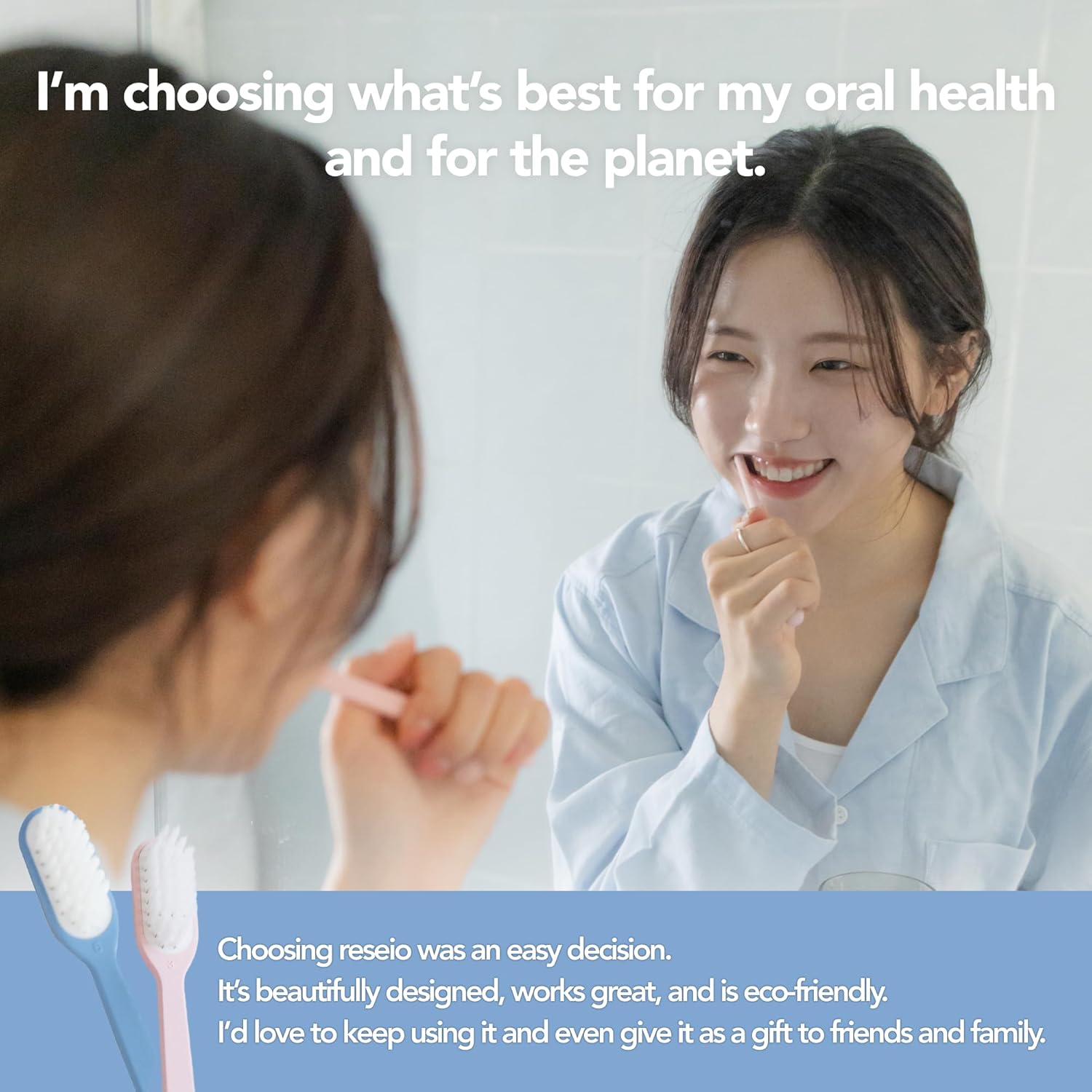 Reseio Eco Toothbrush Set with 3 Replaceable HeadsㅣSoft BristlesㅣPlastic-FreeㅣBPA-FreeㅣSustainable Oral CareㅣTravel Pouch Included - Blue