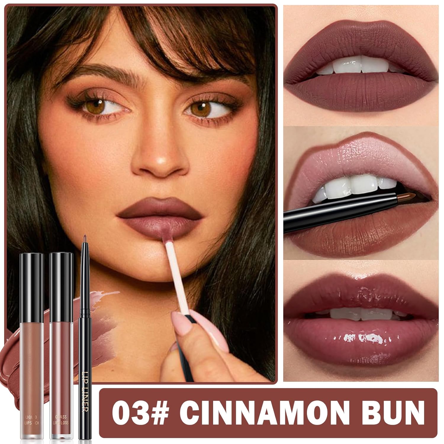 3 in 1 Lip Liner Pencil and Lipstick lipgloss Set Matte Lipstick Lip Gloss Kit Long-lasting Nonstick Cup Smudge Proof Lip Kits with Lip Liner,Moisturizing Lip Tint Lip Stain Makeup (03#Cinnamon Bun)