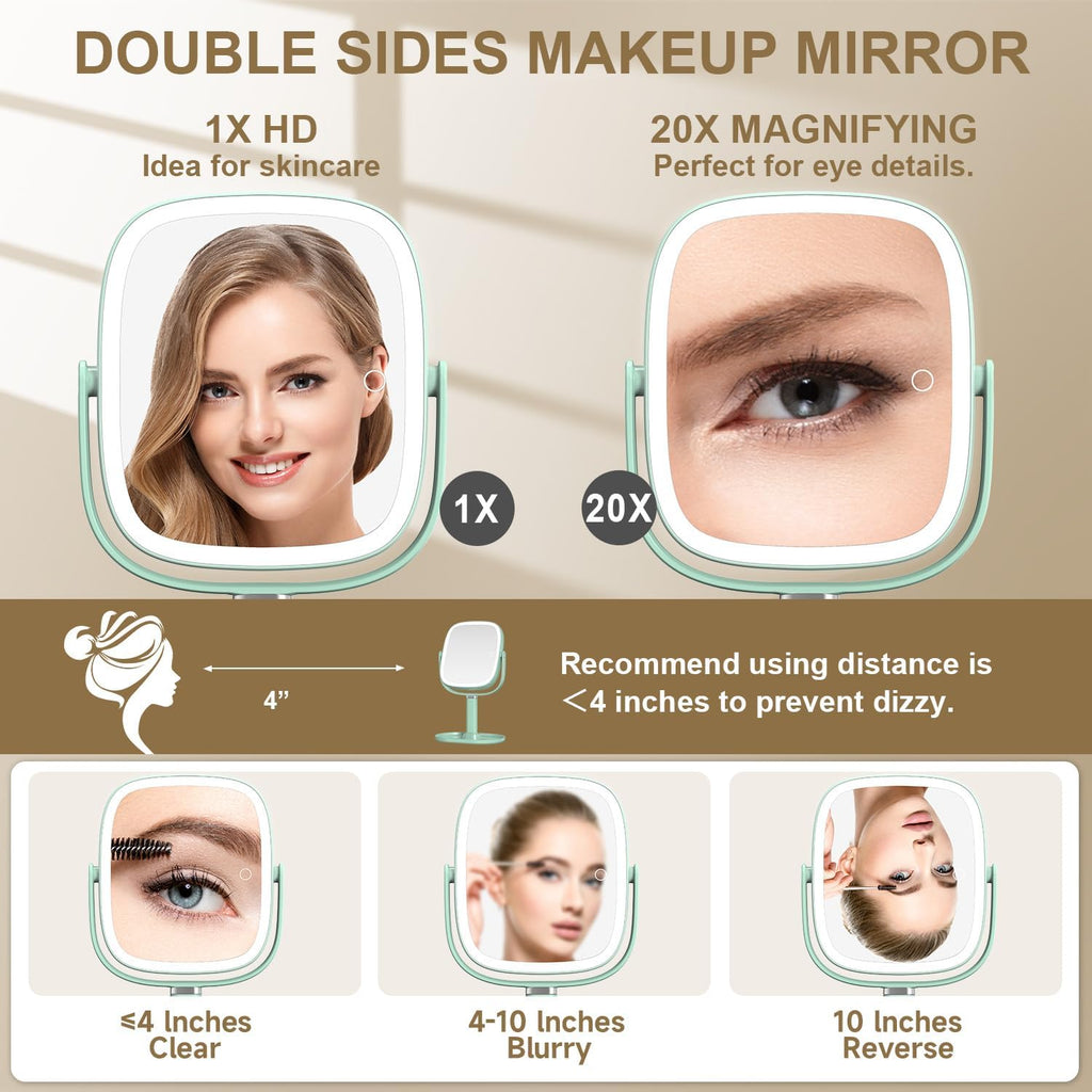 Mocado Makeup Mirror with Lights, 1X/20X Magnifying Mirror with Light, Vanity Mirror with 3 Colors Lights, Height Adjustable Lighted Makeup Mirror, Double Sided 360°Rotation, Memory Function (Green)