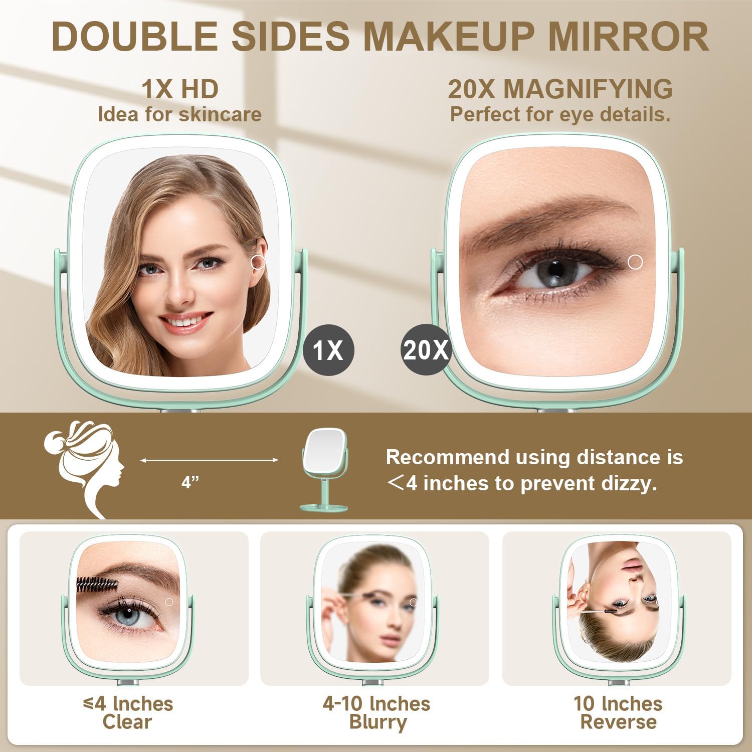 Mocado Makeup Mirror with Lights, 1X/20X Magnifying Mirror with Light, Vanity Mirror with 3 Colors Lights, Height Adjustable Lighted Makeup Mirror, Double Sided 360°Rotation, Memory Function (Green)