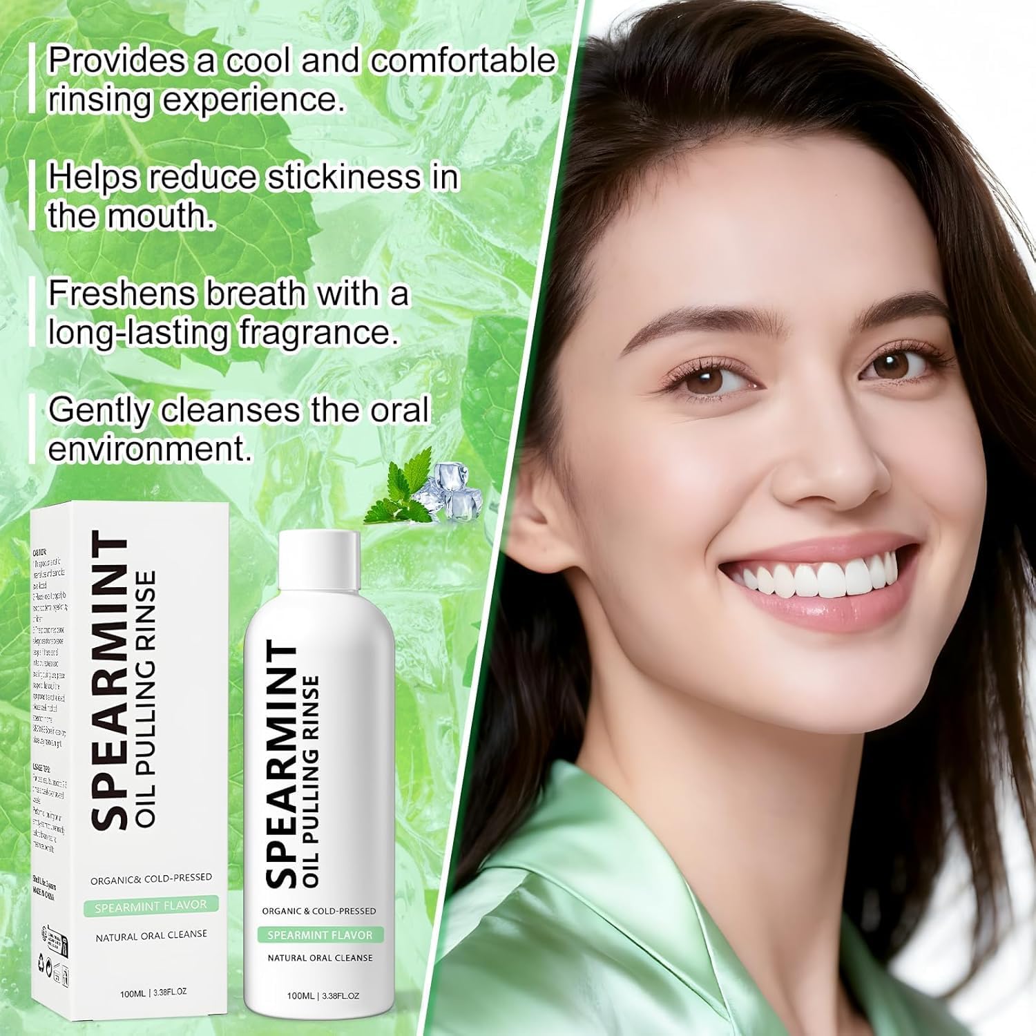 Spearmint Oil Pulling Rinse, Cold-Pressed Coconut Oil for Whitening Teeth, Peppermint Pulling Oil for Teeth and Gums, Pure Mint Mouthwash (2PCS*100ML)