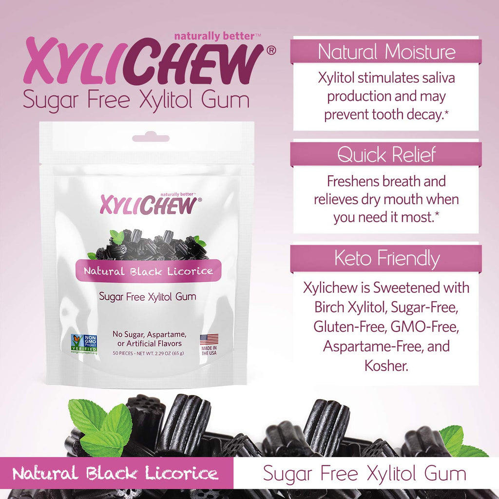 Xylichew 100% Xylitol Chewing Gum - Non GMO, Non Aspartame, Gluten Free, and Sugar Free Gum - Natural Oral Care, Relieves Bad Breath and Dry Mouth - Licorice, 50 Count