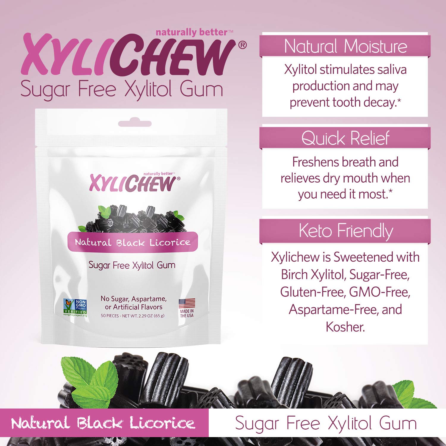 Xylichew 100% Xylitol Chewing Gum - Non GMO, Non Aspartame, Gluten Free, and Sugar Free Gum - Natural Oral Care, Relieves Bad Breath and Dry Mouth - Licorice, 50 Count