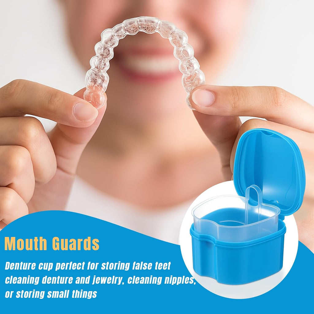 Zubebe 30 Pcs Denture Bath Retainer Case Holder Bulk with Strainer Basket Dental Cup Denture Soaking Container False Teeth Storage Box for Travel Cleaning Brace Mouth Guard, 5 Colors