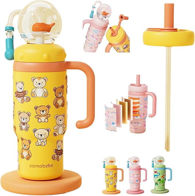 Stainless Steel Whale Fountain Tumbler with Handle 2025 Drinking Cup with Whale Squirt Insulated Travel Tumblers Kids Weighted Sippy Cup No Spill Cute Water Bottle with Lids and Straws Leak Proof (A1)