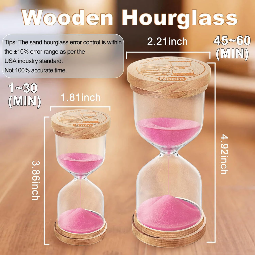 1 Minute Sand Hourglass, Wooden Sand Timer, Small Hour Glass Clock, Pink Sandglass 1 Min for Classroom,Toothbrush,Game,Decorative (Pink)