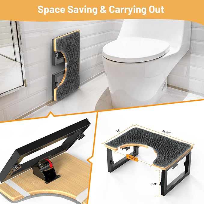 Bamboo Toilet Stool Foldable, 7 in, 8 in Or 9 in Adjustable Heights Squat Stool Potty for Adults Kids,Poop Step Stool with Extra Soft Microfiber Rug, Improve Bathroom Posture and Comfort