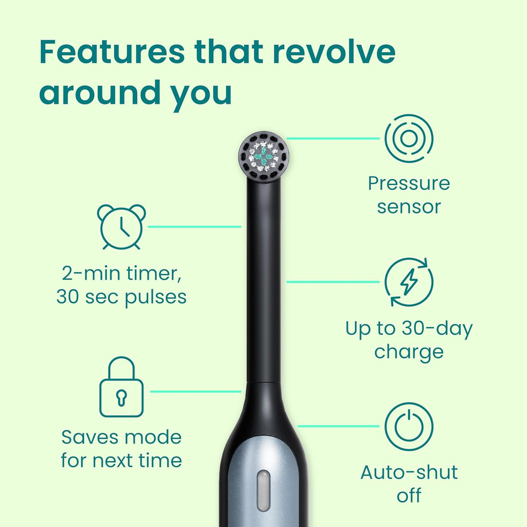 Quip Rev 360 Oscillating Rechargeable Electric Toothbrush with Extra Brush Head - Soft Bristles, Pressure Sensor, 3 Intensities, 30-Day Battery, 2-Min Timer, Travel Case, Mirror Mount - Blue Stone