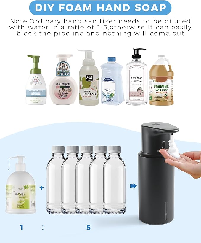 Automatic Foaming Soap Dispenser Touchless, 304 Stainless Steel Bottle Body & 16.2oz/480ml,USB Rechargeable, 3 Adjustable Liquid Levels, IPX7 Waterproof, for Kitchen Bathroom, Black