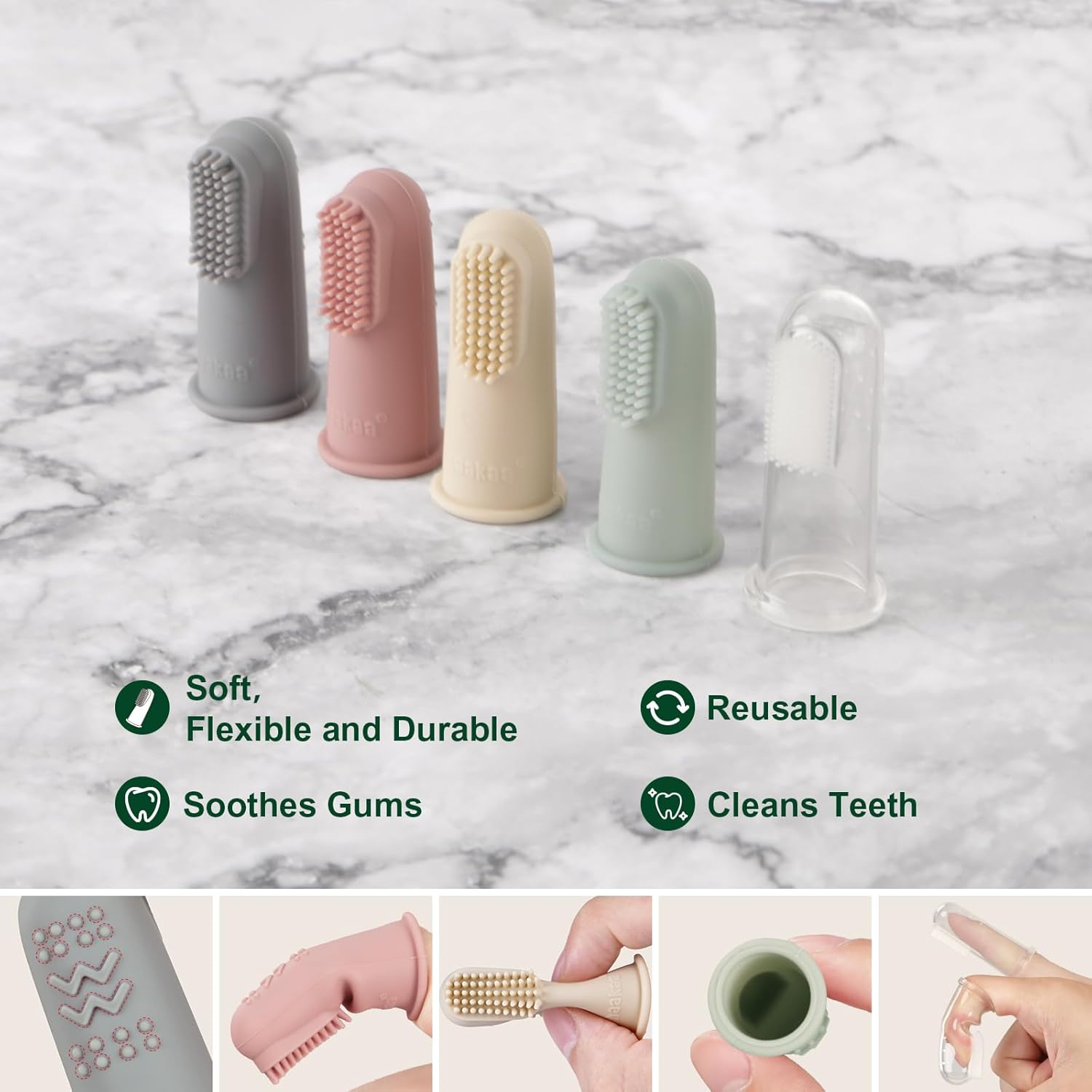 haakaa Silicone Baby Finger Toothbrush, Oral Care for Infants&Babies&Toddlers&Kids, Soft Food Grade Silicone, 0 Months+, 2 Pack, Pea Green