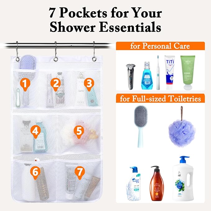 Mesh Shower Caddy Hanging, Quick-Drying Shower Organizer with 7 Pockets, Portable Bathroom Organizers and Storage for Shampoo, Soap, Loofah, Travel, and Cruise Essentials