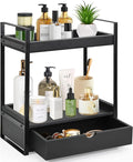 2-Tier Bathroom Organizer Countertop with Drawer, Wood Counter Shelf for Storage, Vanity Tray for Organization and Decor, Countertop Organizer for Bathroom, Kitchen, Office (Black)