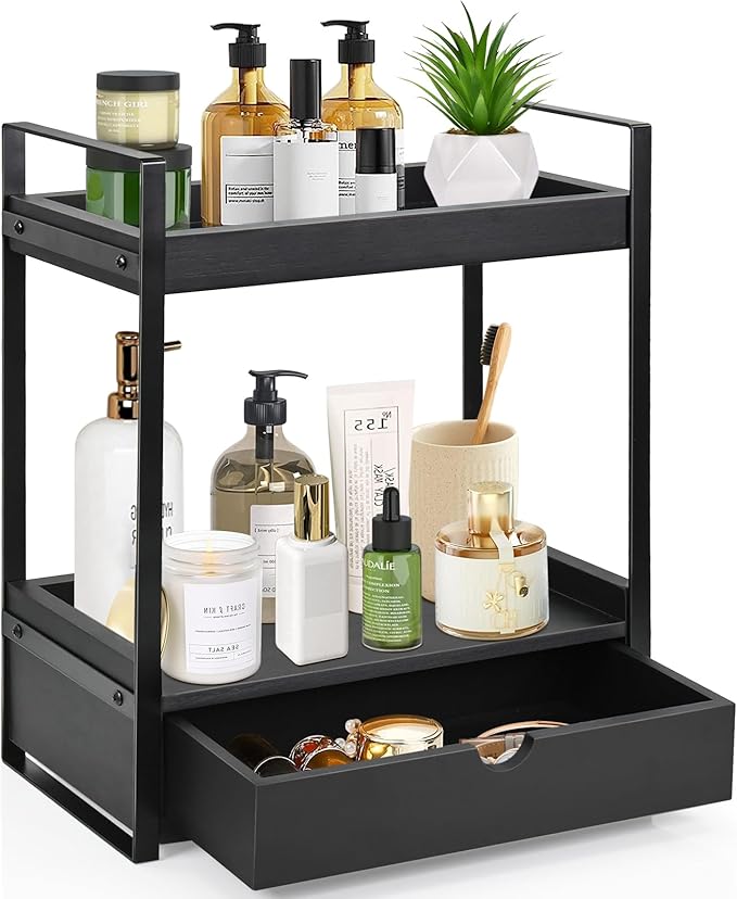 2-Tier Bathroom Organizer Countertop with Drawer, Wood Counter Shelf for Storage, Vanity Tray for Organization and Decor, Countertop Organizer for Bathroom, Kitchen, Office (Black)