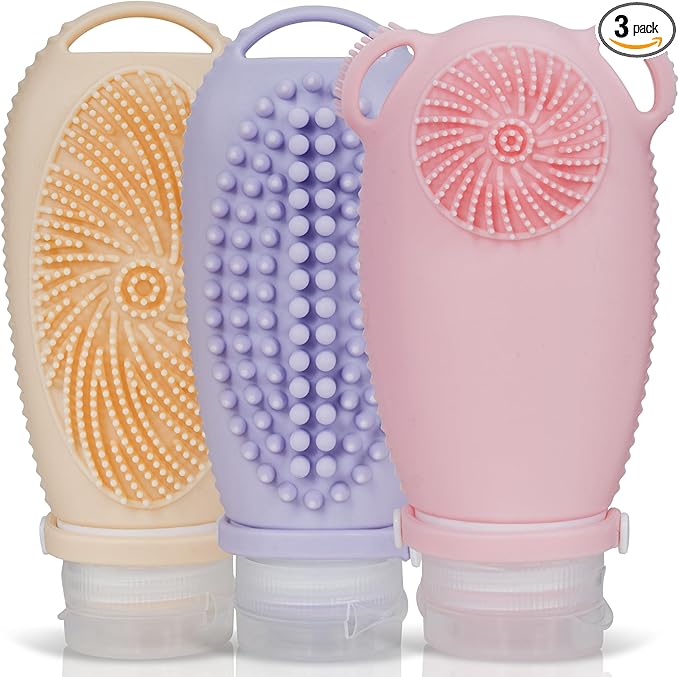 Sumina Silicone Travel Bottles 3-Pack (3.4 oz) with TSA Bag | TSA-Approved Leakproof Toiletry Containers | Refillable Shampoo Bottles with Gentle Exfoliation | Soft, Squeezable Silicone