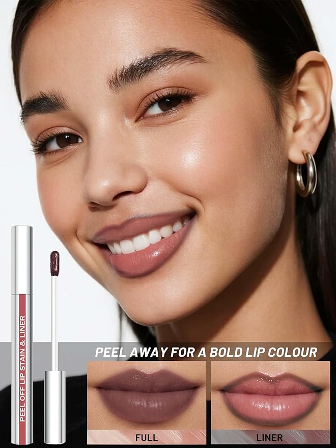 Lip Stain Peel Off Lip Liner Stain with Tweezer, Long Lasting Matte Lip Tint Tattoo, Highly Pigmented Color Lip Makeup, Waterproof Lipstick, Transfer-proof Lipstain for Women, Brown