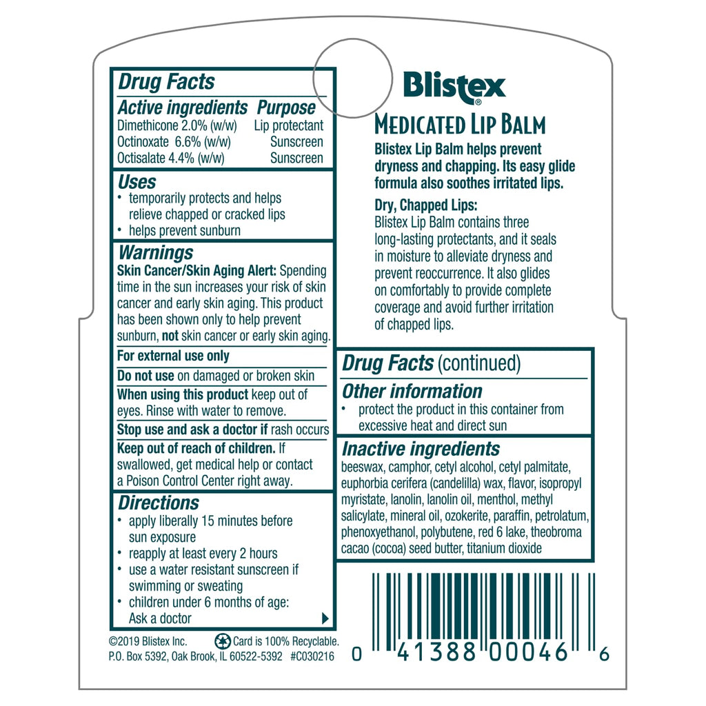 Blistex Medicated Lip Balm, 0.15 Ounce, 3 Count (Pack of 2) Prevent Dryness & Chapping, SPF 15 Sun Protection, Seals in Moisture, Hydrating Lip Balm, Easy Glide Formula for Full Coverage