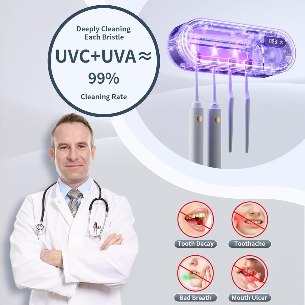 UV Toothbrush Cleaner and Holder with Air Drying & LED Smart Screen, 4 Slot Family Size Electric Toothbrush Organizer Wall Mounted No Drill for Bathroom