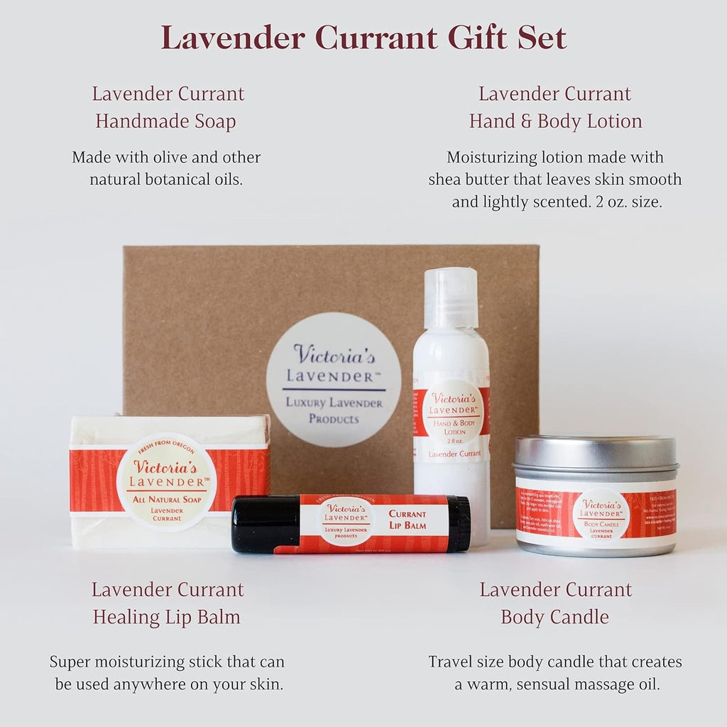 Victoria's Lavender Natural Body Products Gift Set - Handmade Soap, Hand & Body Lotion, Lip Balm, Body Candle Skin Care Set & Kit, Made in USA Lavender Bath & Body Products for Women, Lavender Currant