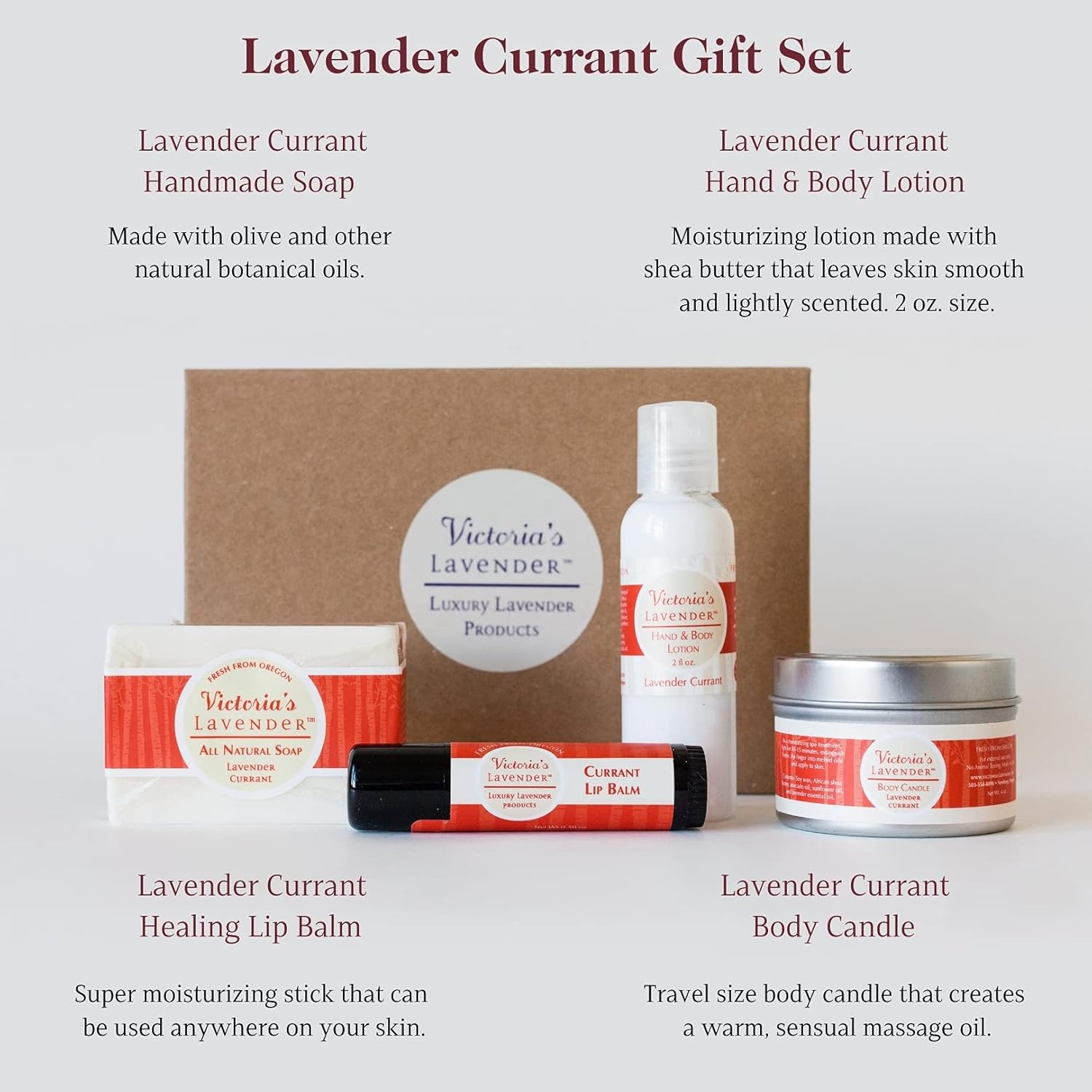 Victoria's Lavender Natural Body Products Gift Set - Handmade Soap, Hand & Body Lotion, Lip Balm, Body Candle Skin Care Set & Kit, Made in USA Lavender Bath & Body Products for Women, Lavender Currant
