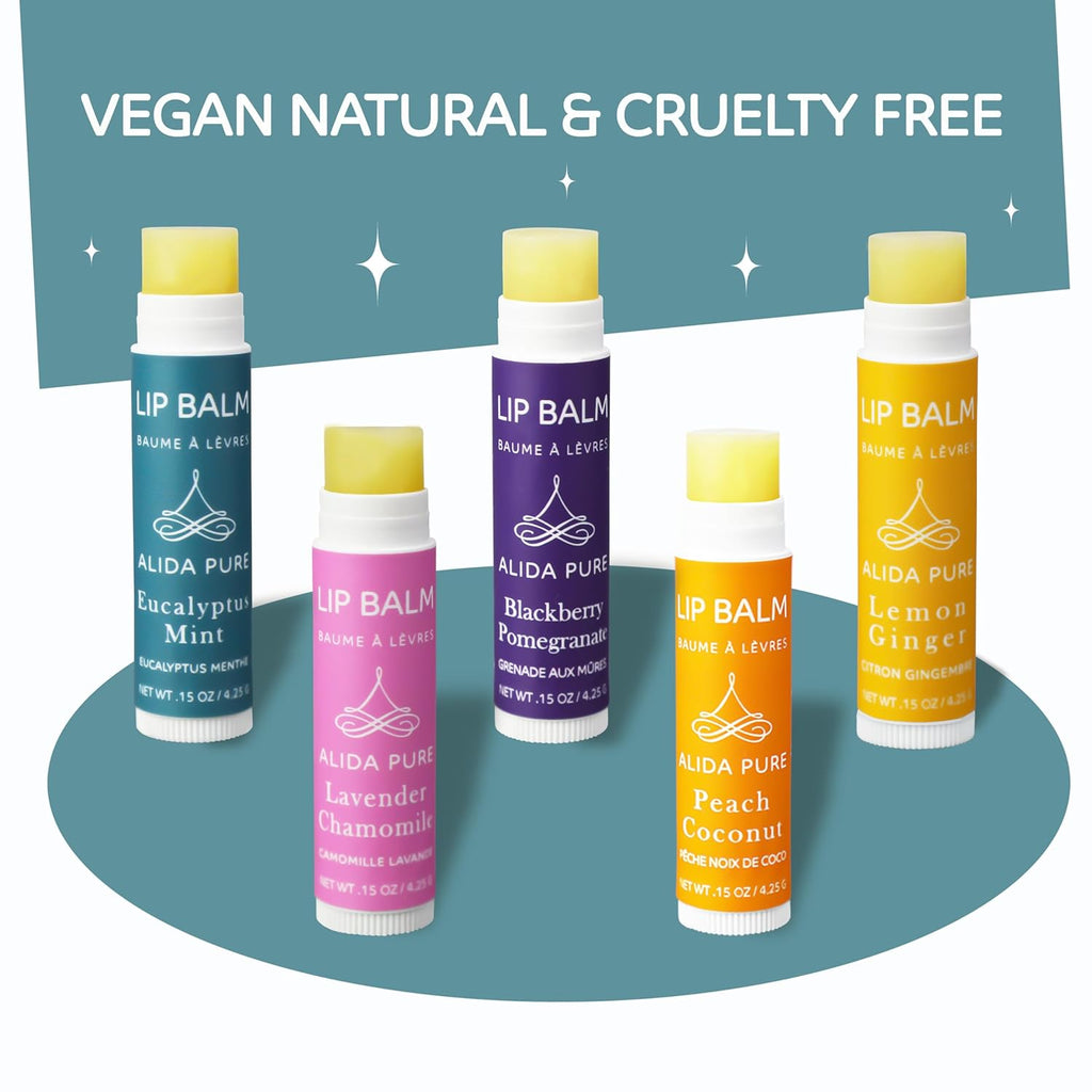ALIDA PURE Duet Lip Balm Collection, Vegan Set, Beeswax Free, with Organic Jojoba, and Avocado Oil, Vitamin E, Natural Moisturizer for Dry, Chapped Lips, 5 Tube Set