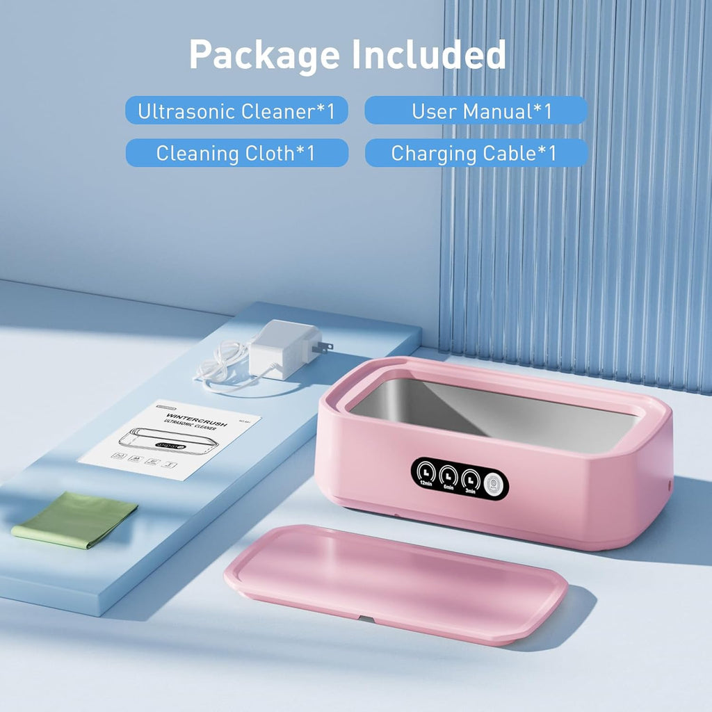 WINTERCRUSH Ultrasonic Retainer Cleaner for Tooth: 50KHz Jewelry Cleaner Deep Cleaning Machine - 650ML Dental Cleaning Pod for Dentures/Mouth Guards/Eyeglasses-3 Timers -Stainless Steel- Pink