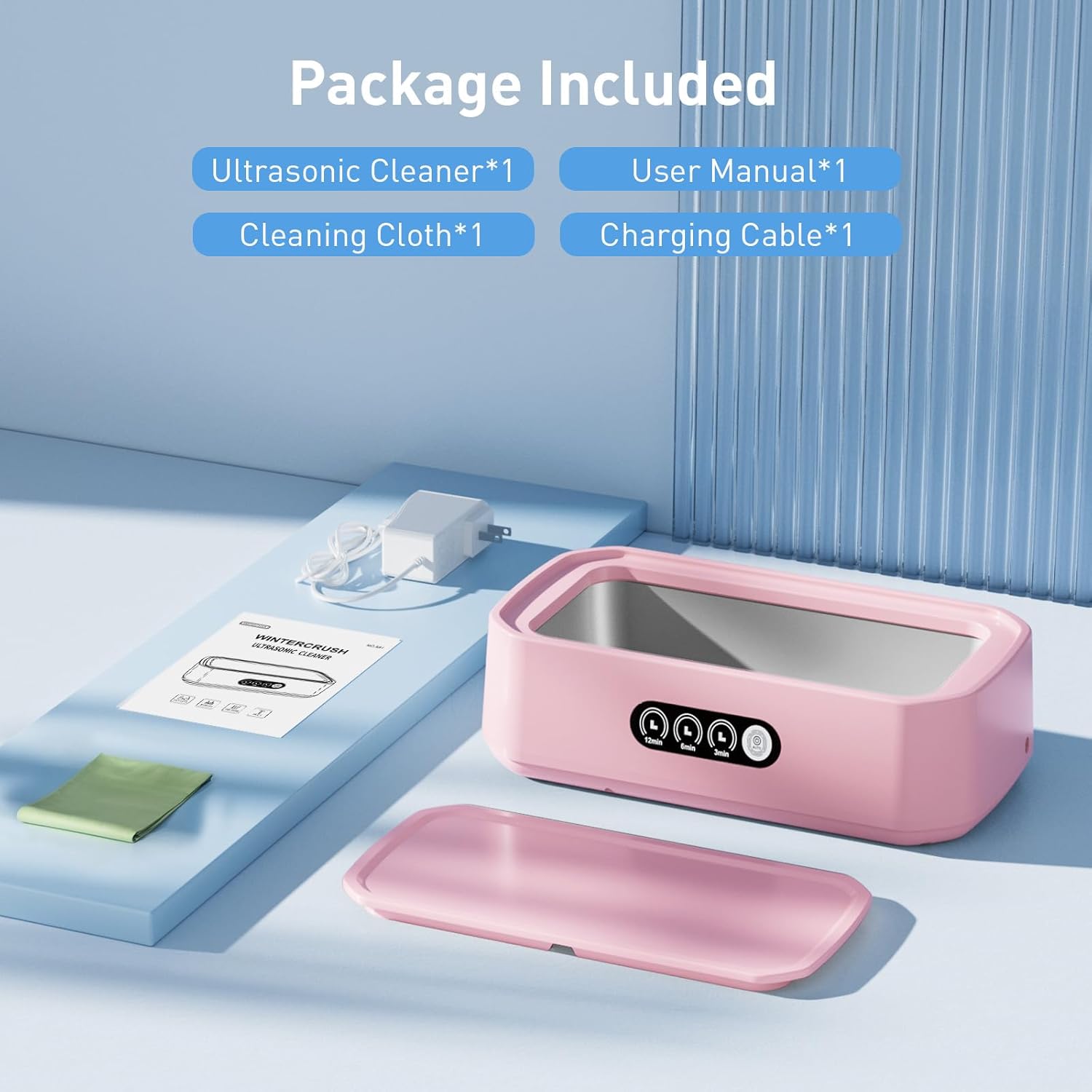 WINTERCRUSH Ultrasonic Retainer Cleaner for Tooth: 50KHz Jewelry Cleaner Deep Cleaning Machine - 650ML Dental Cleaning Pod for Dentures/Mouth Guards/Eyeglasses-3 Timers -Stainless Steel- Pink