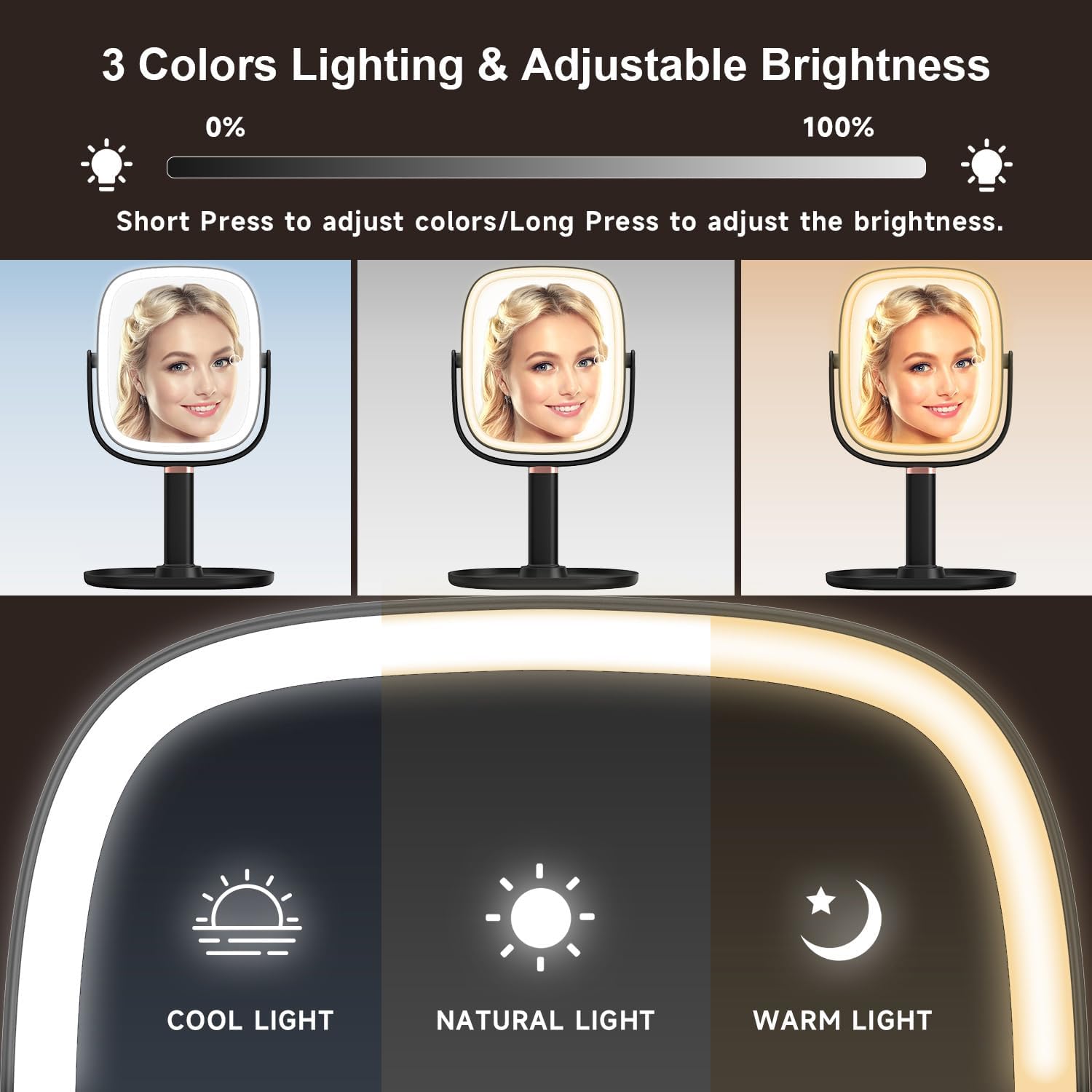 Mocado Makeup Mirror with Lights, 1X/20X Magnifying Mirror with Light, Vanity Mirror with 3 Colors Lights, Height Adjustable Lighted Makeup Mirror, Double Sided 360°Rotation, Memory Function (Black)