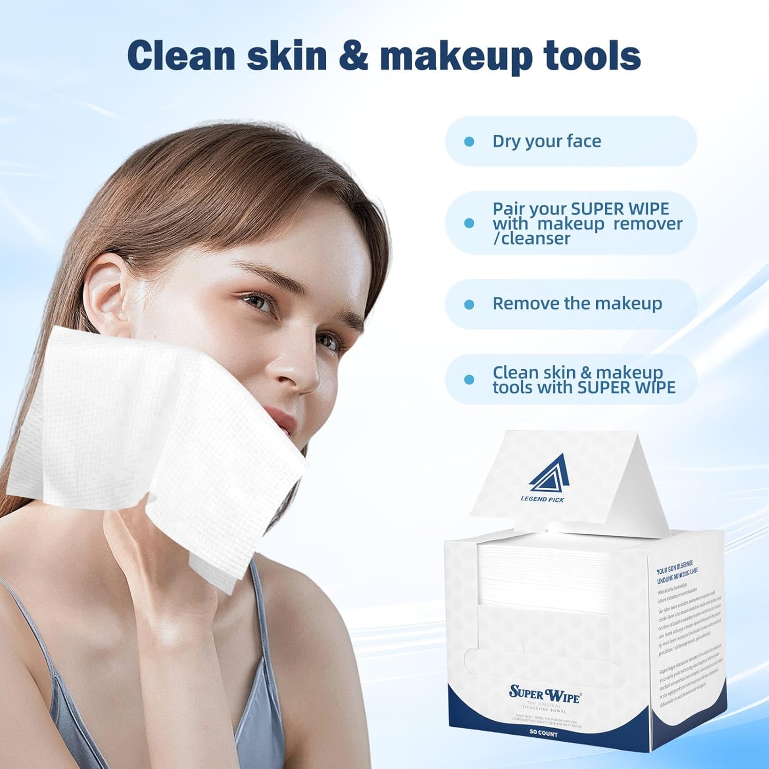 SUPER WIPE Towels - The original- Thickened, Gentle, Ultra Soft Face/Skin Towelettes-Super Absorbant, Lint-Free- Single Use - Viscose Material- 50 counts X (2)