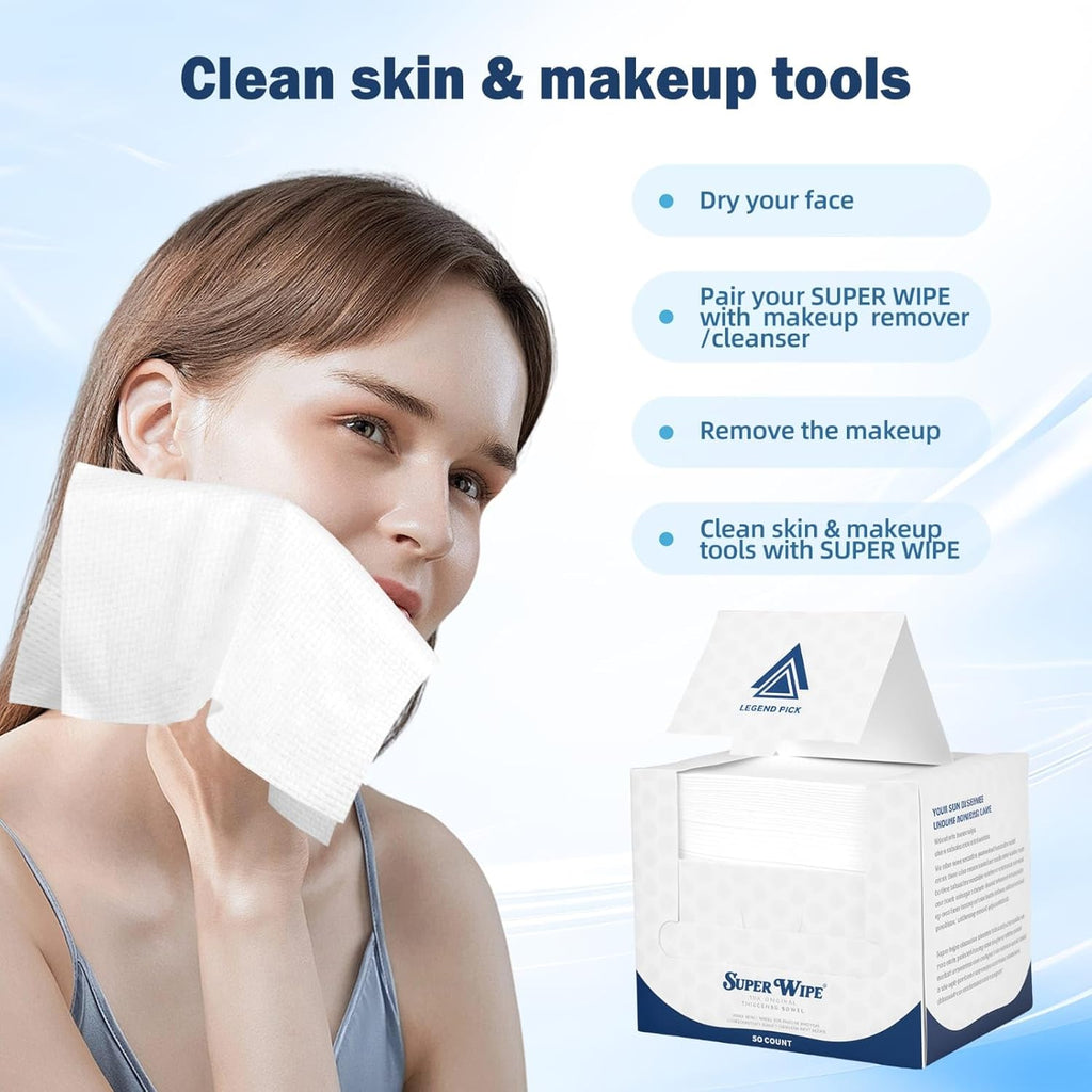 SUPER WIPE Towels - The original- Thickened, Gentle, Ultra Soft Face/Skin Towelettes-Super Absorbant, Lint-Free- Single Use - Viscose Material- 50 counts X (1)