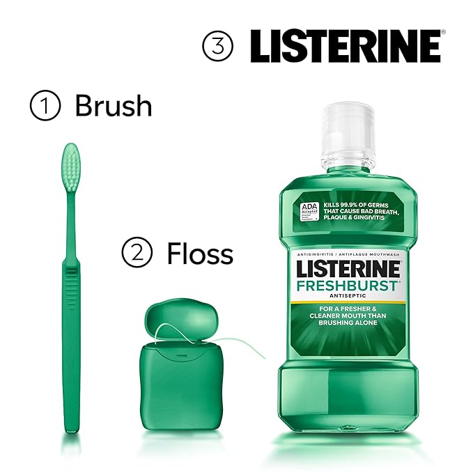 Listerine Freshburst Antiseptic Mouthwash for Bad Breath, Kills 99% of Germs That Cause Bad Breath & Fight Plaque & Gingivitis, ADA Accepted Mouthwash, Spearmint, 500 mL