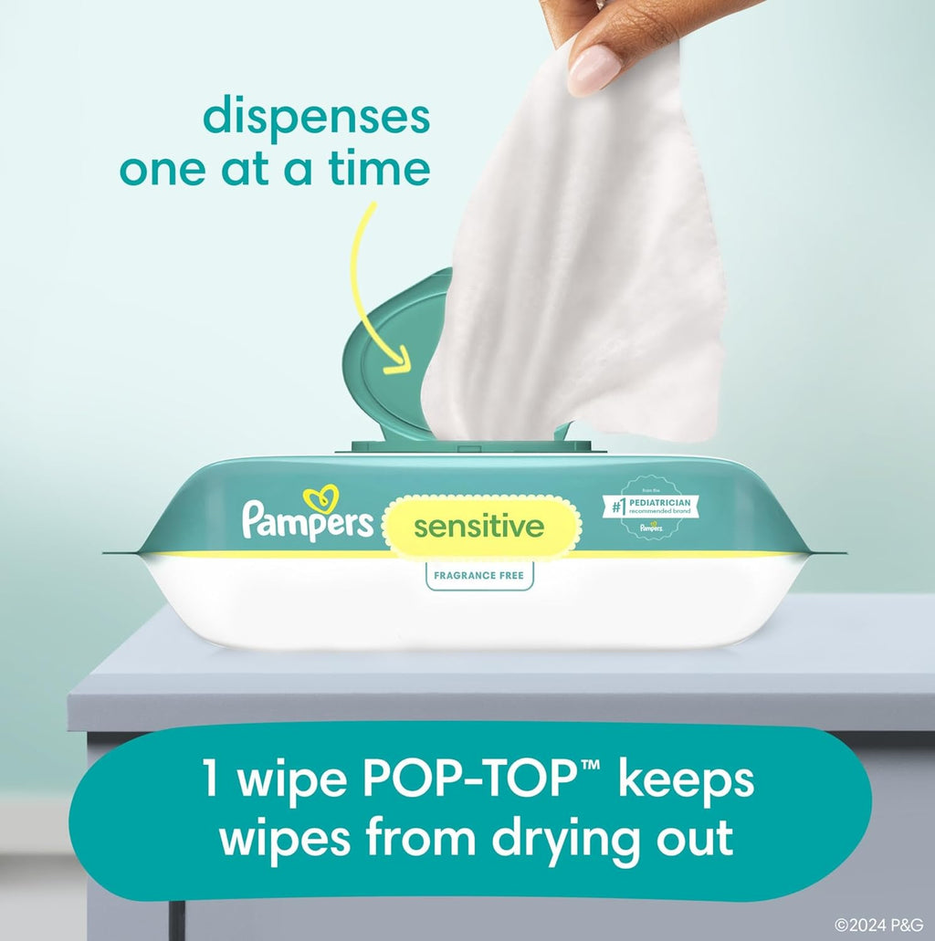 Pampers Baby Wipes Sensitive, Water Based Baby Wipes, Hypoallergenic and Unscented Baby Wipes, 168 Wipes Total (2 Flip-Top Packs)