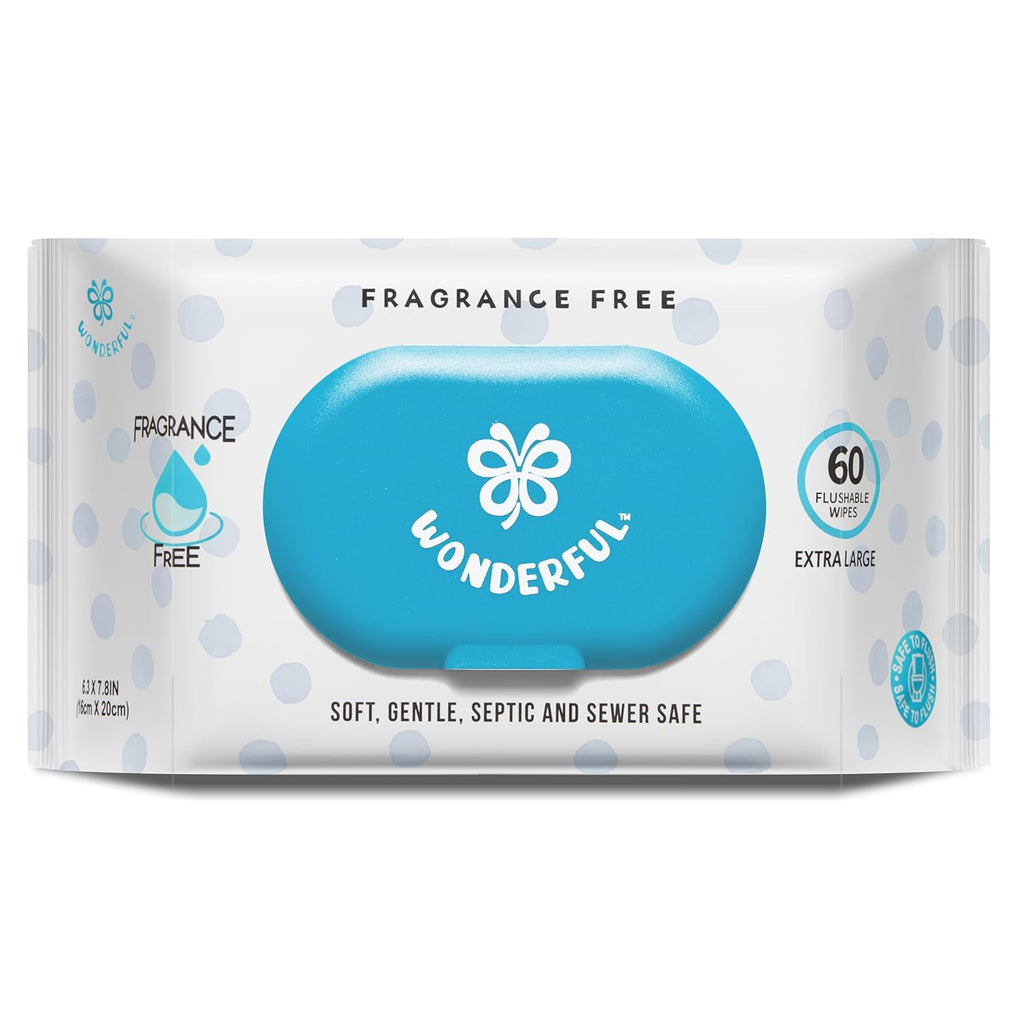 WONDERFUL Flushable Butt Wipes, Unscented 100% Plant-Based Wet Wipes for Adults & Kids, Sewer & Septic Safe, Gentle for Sensitive Skin, Wipes Flushable Pack for Bathroom & Travel, 1-Pack (60 Wipes)