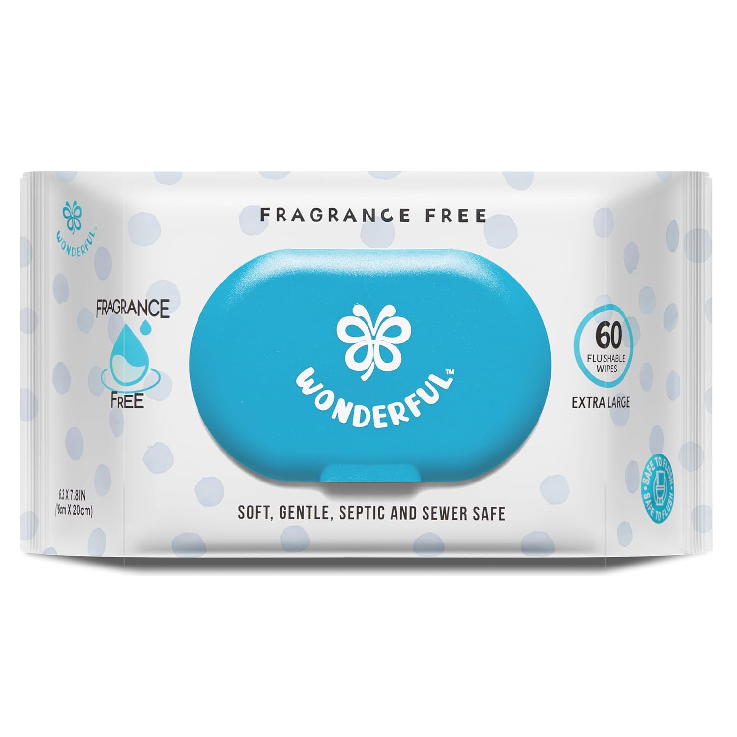 WONDERFUL Flushable Butt Wipes, Unscented 100% Plant-Based Wet Wipes for Adults & Kids, Sewer & Septic Safe, Gentle for Sensitive Skin, Wipes Flushable Pack for Bathroom & Travel, 1-Pack (60 Wipes)
