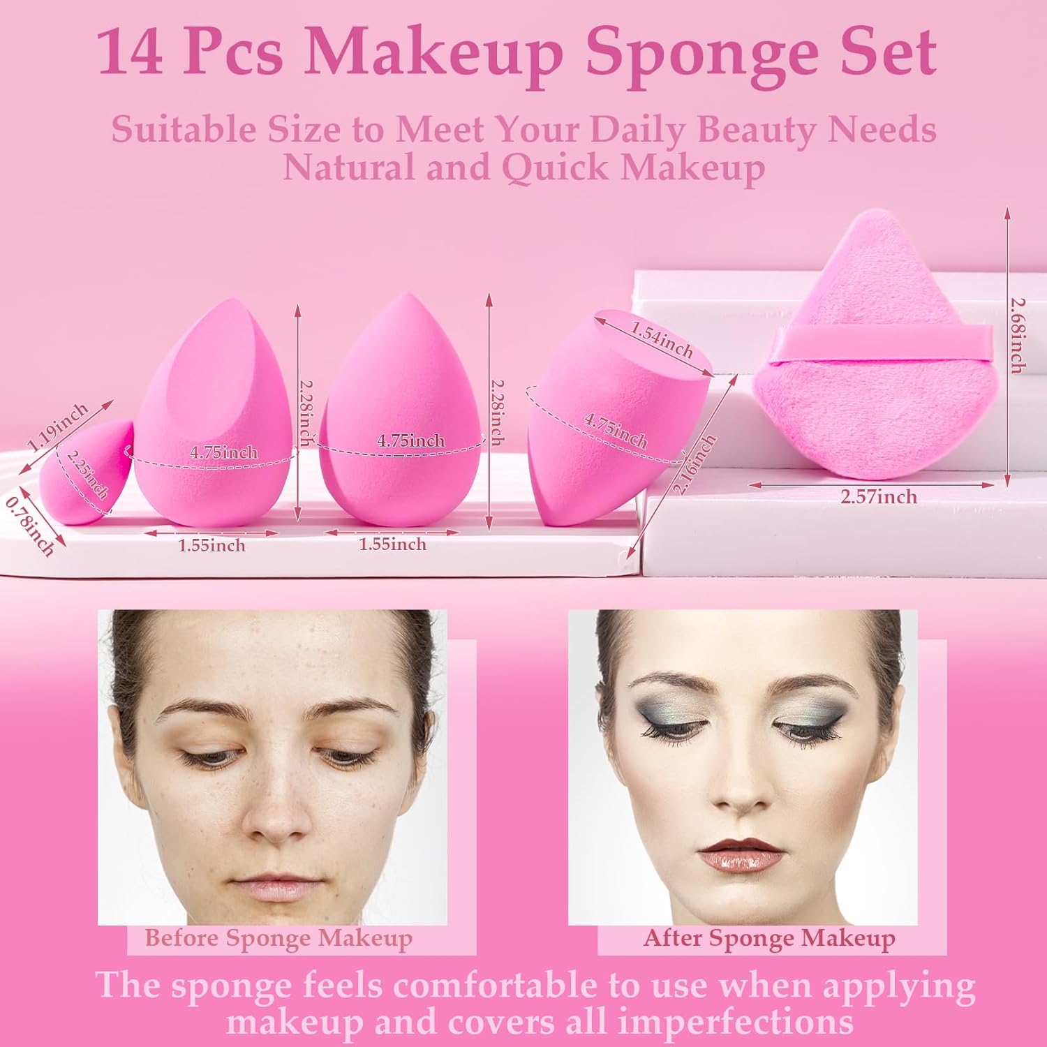 14 Pcs Make up Sponges Beauty Sponges Blender with 4 Pcs Powder Puff and 4 Pcs Mini Makeup Sponge for Foundation,Liquid,Powder,Concealer,Cream(Hot Pink)