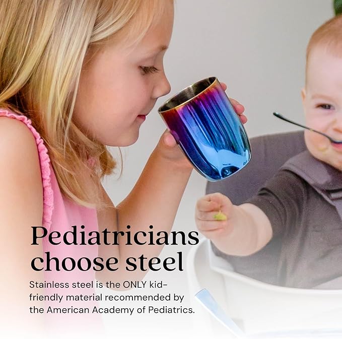 Ahimsa Stainless Steel Kids Cup, Pediatrician Designed, Colorful Toddler Cups for Open Cup Training, 8oz, 100% BPA Free & Dishwasher Safe, Single Iridescent Blue