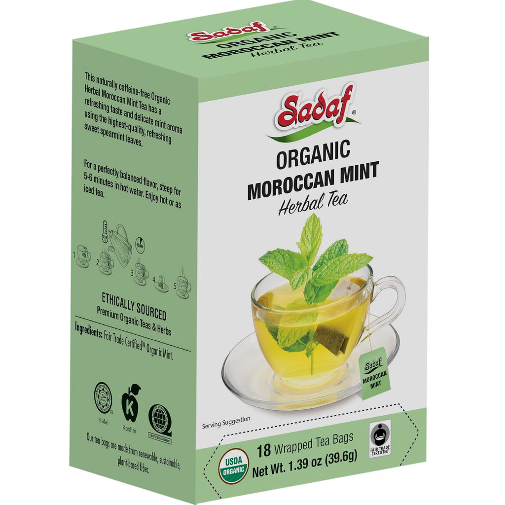 Sadaf Organic Moroccan Mint Tea - Mint Tea Bags - Ideal for Hot or Iced Tea - Organic Herbal Tea - Kosher - 18 Wrapped Tea Bags