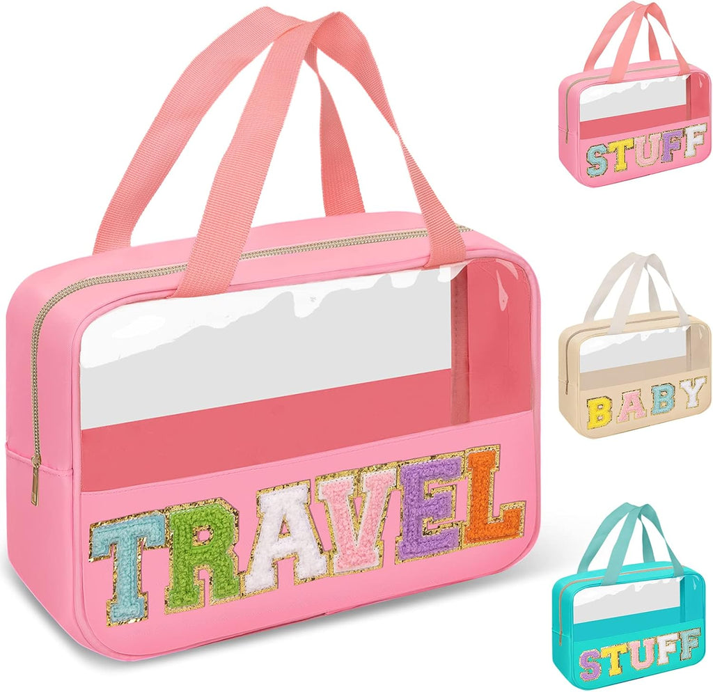 Preppy Clear Travel Makeup Bags with Chenille Letter Patches, Travel Essentials Large Clear Make up Bag Zipper Pouch with Handle, Waterproof Nylon Cosmetic Toiletry Storage Tote for Women(TRAVEL-Pink)