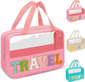 Preppy Clear Travel Makeup Bags with Chenille Letter Patches, Travel Essentials Large Clear Make up Bag Zipper Pouch with Handle, Waterproof Nylon Cosmetic Toiletry Storage Tote for Women(TRAVEL-Pink)