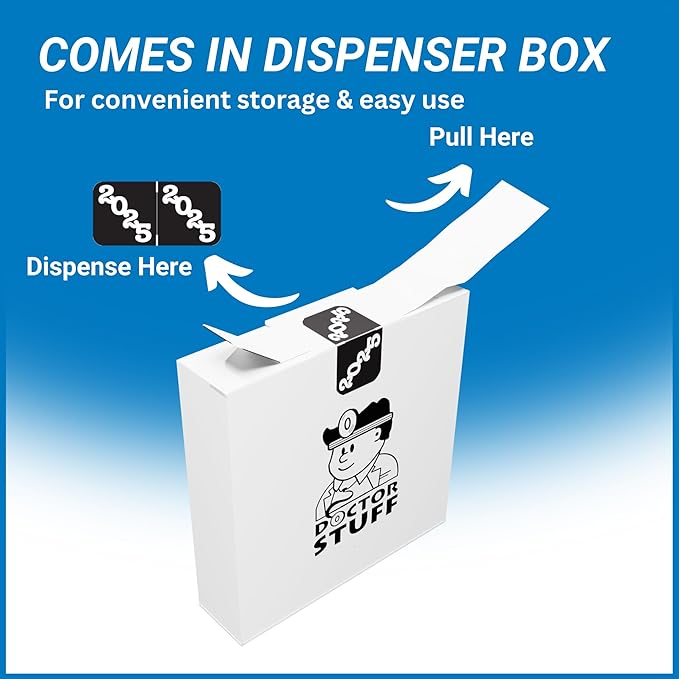 2025 Year Labels, Doctor Stuff 2025 Chart Stickers, Black/White Color Coded, Jeter Style, USA Made Year Labels for End Tab File Folders, 500/Roll, 1 Roll, 3/4" x 1-1/2"